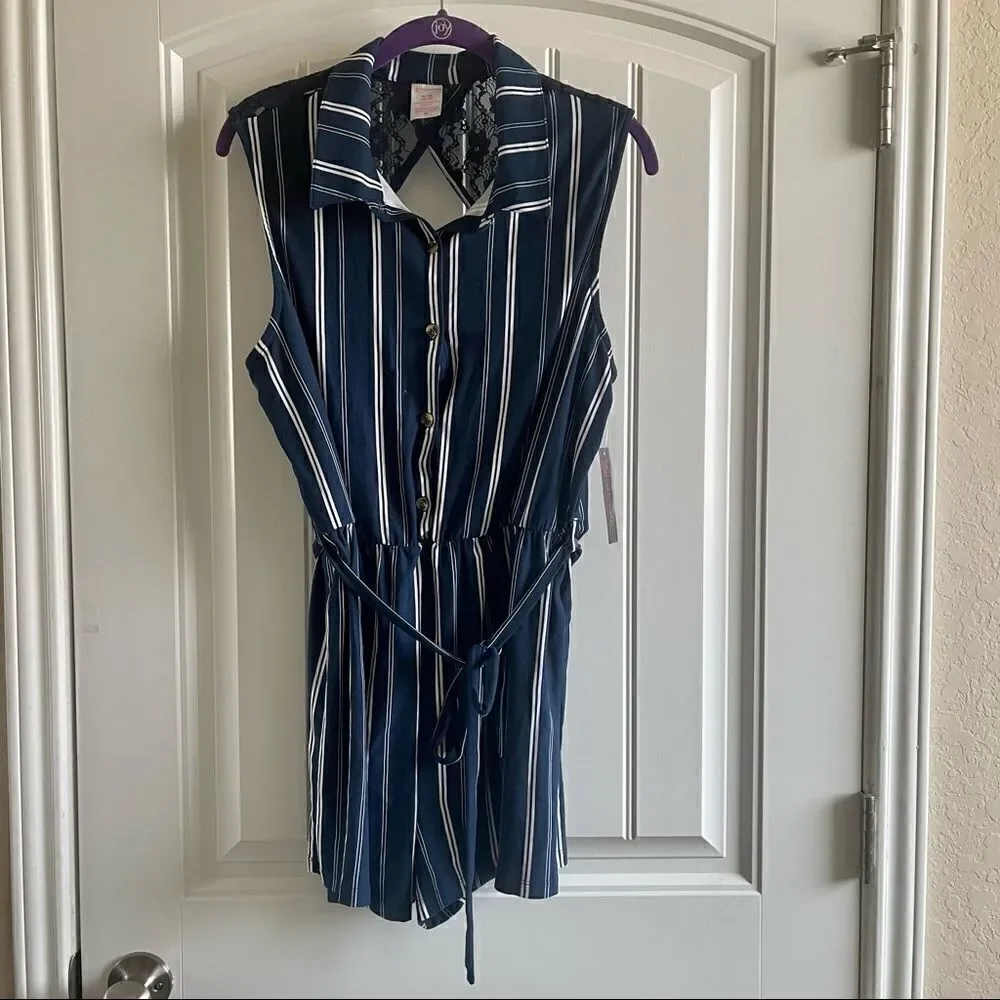 No Boundaries Juniors' Blue Striped Lace Back Romper; SZ XL (15-17); BNWT